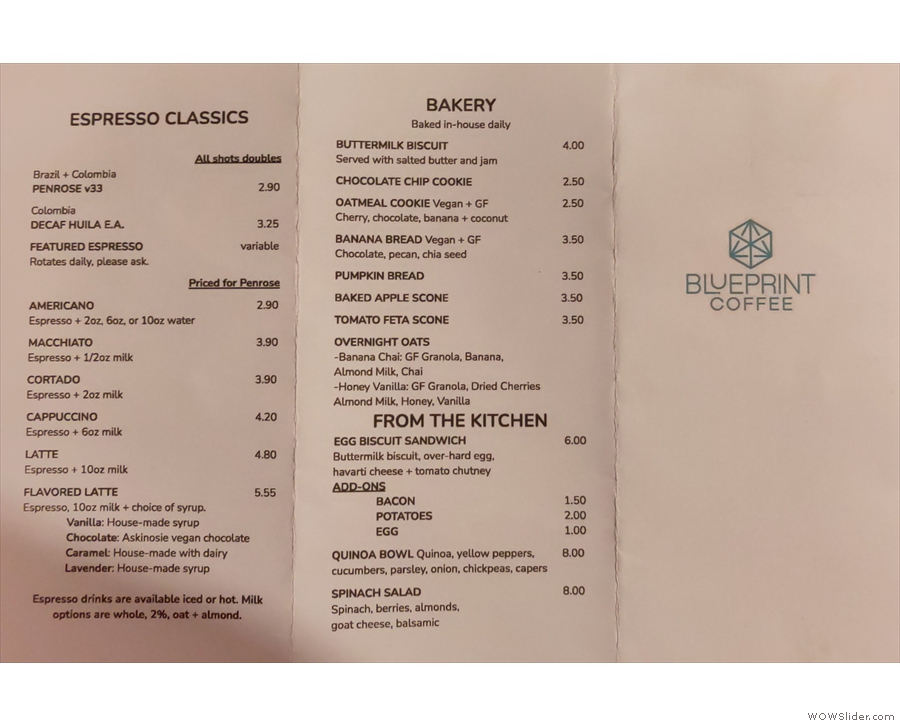 ... while the back of the menu has the classic espresso menu and the food.