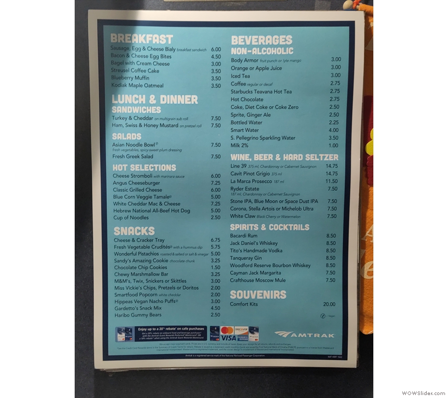 The café car menu is standard across all Amtrak's services. I unintentionally ordered...