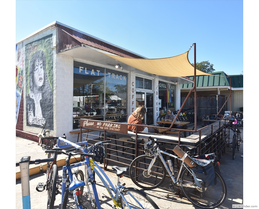... is Flat Track Coffee. There's a seating area at the front, but let's look at the mural...
