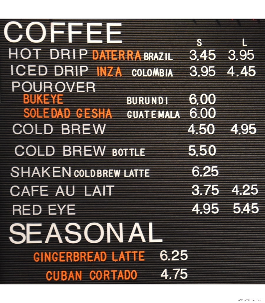 The coffee menu, strictly to go, from George Howell in the Boston Public Market.