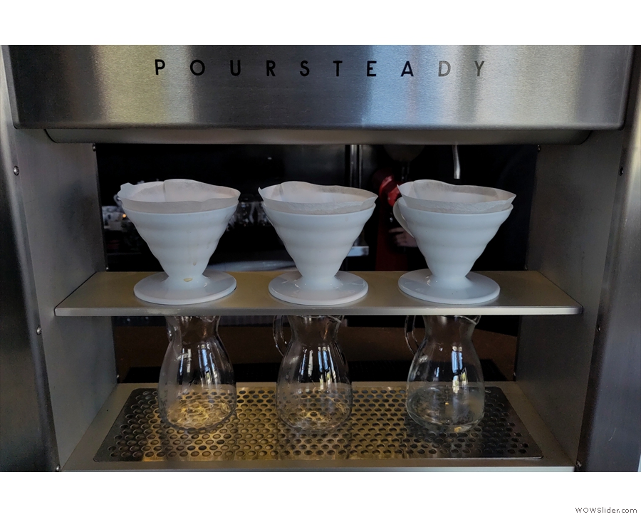 Sump Coffee uses V60s with the Poursteady system. Here it is prepping for a pour-over...