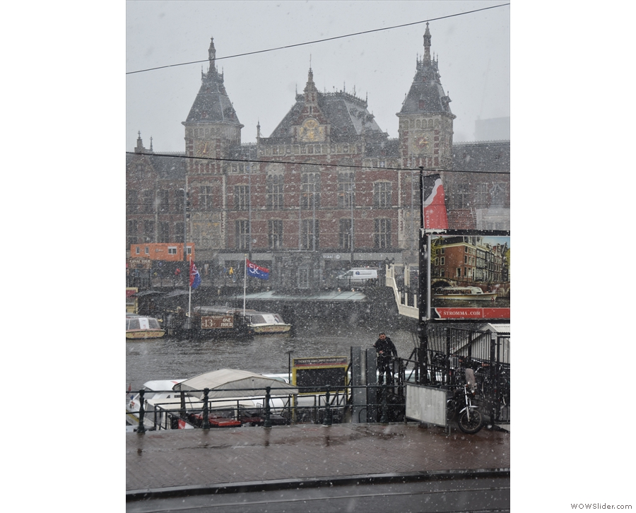 ... to Amsterdam's glorious central station. It looks better when it's not snowing!