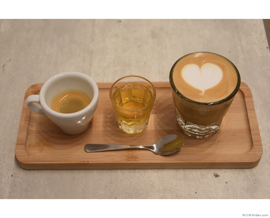 On my final visit, I had the Hello, Good Morning, a tasting flight of an espresso, piccolo...