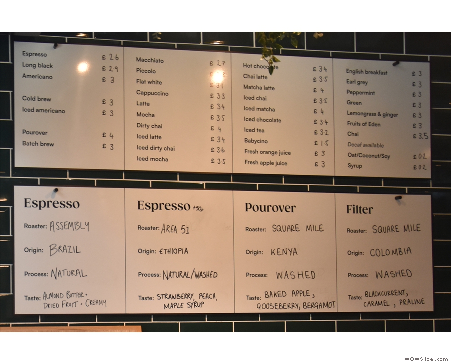 The menu is on the left-hand wall, along with the current selection of beans.