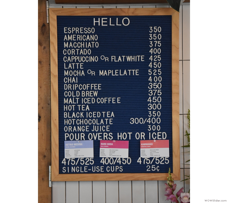 ... 25c surcharge for a single-use cup. Finally, here's the menu from my visit in 2023.