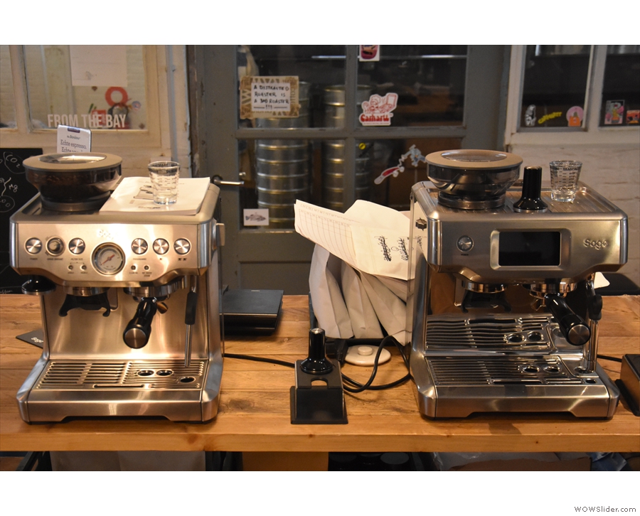 Two of the Sage Barista Express machines on dispay at the back of Way.