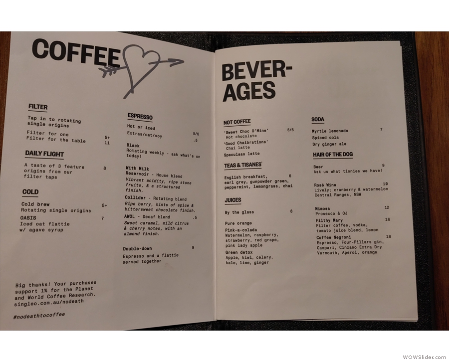 There are pages dedicated to coffee (left) and other beverages (right)...