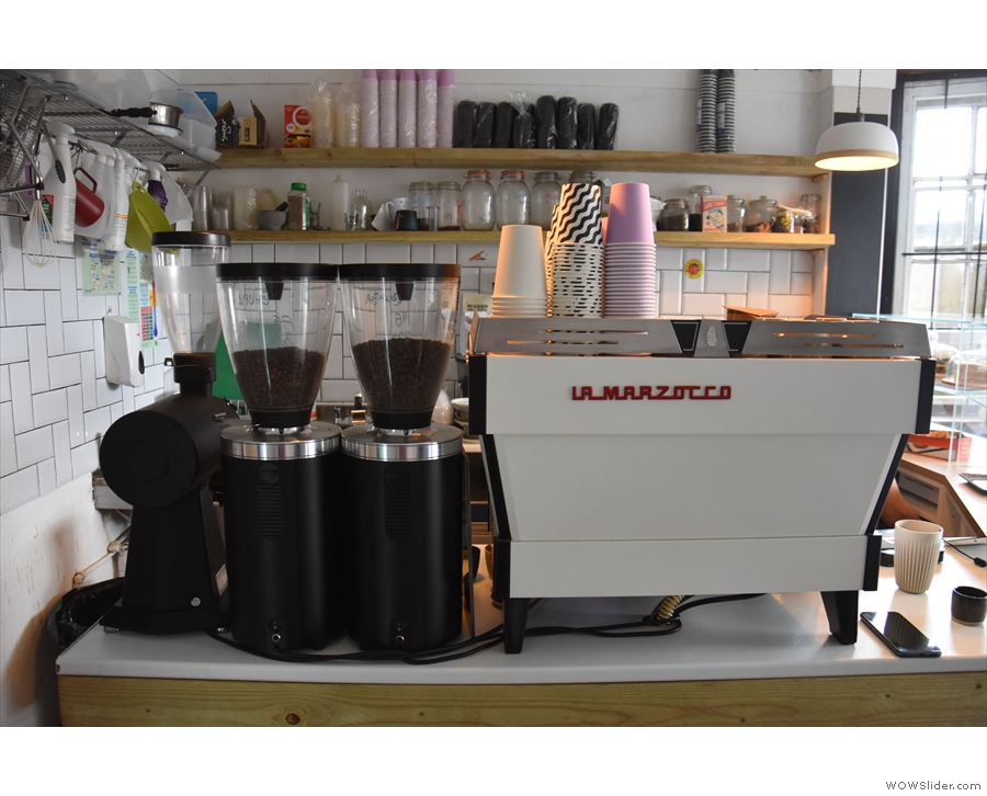 All the shots are pulled on the La Marzocco Linea down the counter's left-hand side.