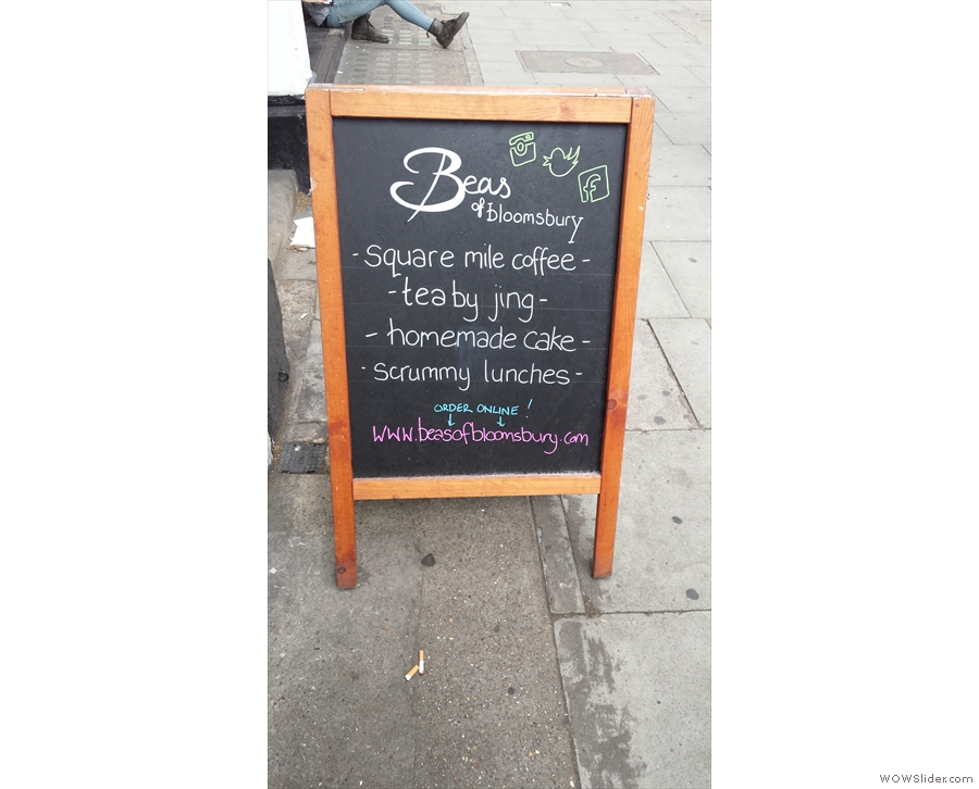 I was back at Bea's in June 2014, when the sign immediately caught my eye. After a brief hiatus, Bea's was back serving Square Mile coffee (click the picture for the full story).