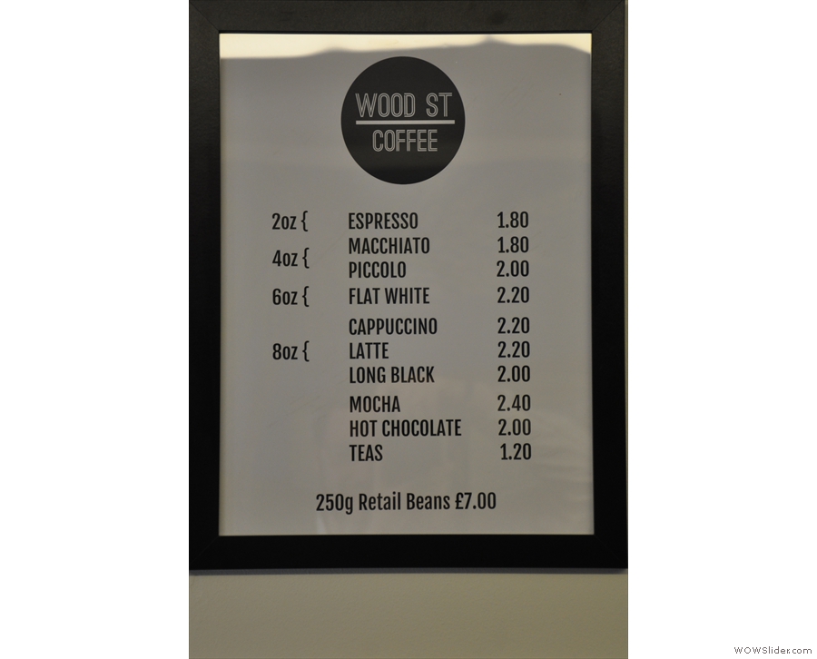 The coffee/hot drinks menu, concise and to the point.