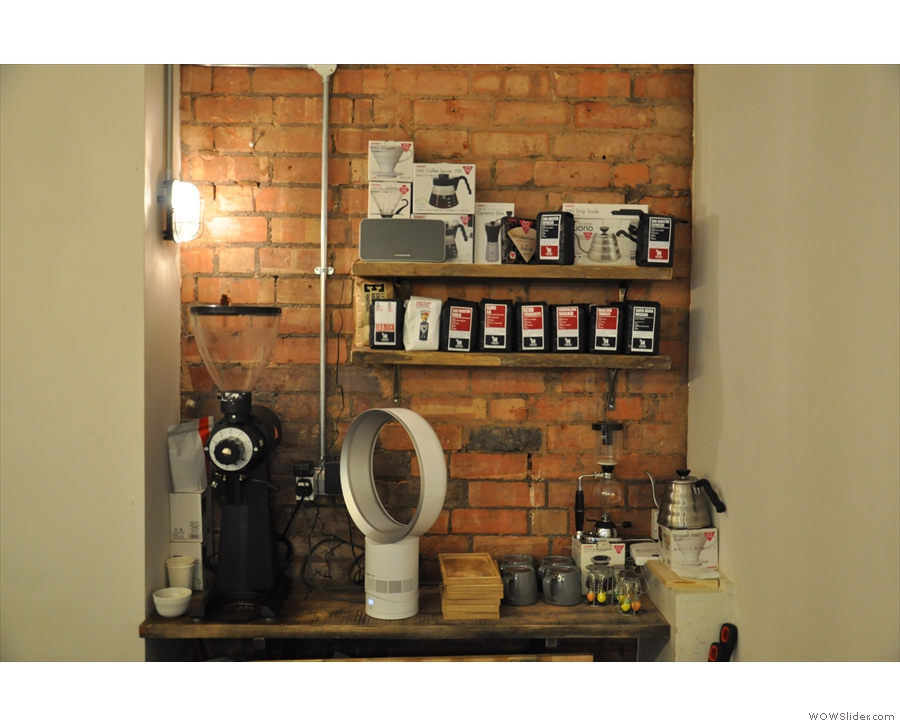 At the far end is this shelf of coffee/kit for sale, plus the EK-43 grinder for filter coffee.