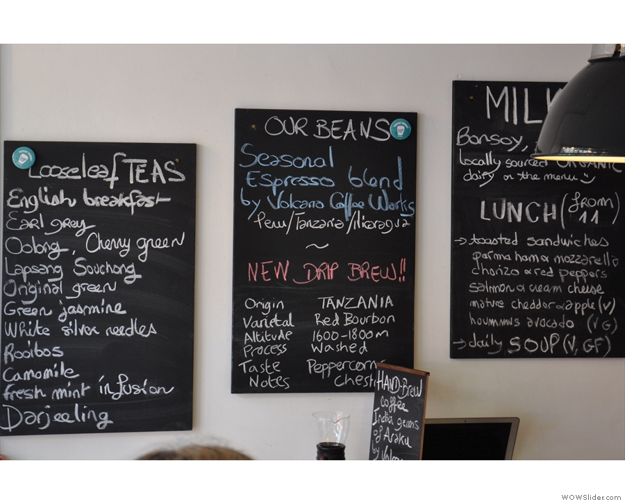 Various other blackboards proclaim the tea, coffee and sandwich options.