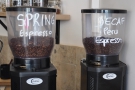 The two (espresso) grinders, with the Spring Espresso and decaf Peru.