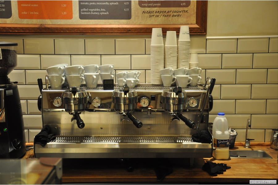 Coffee comes from the impressive three-head Synesso machine