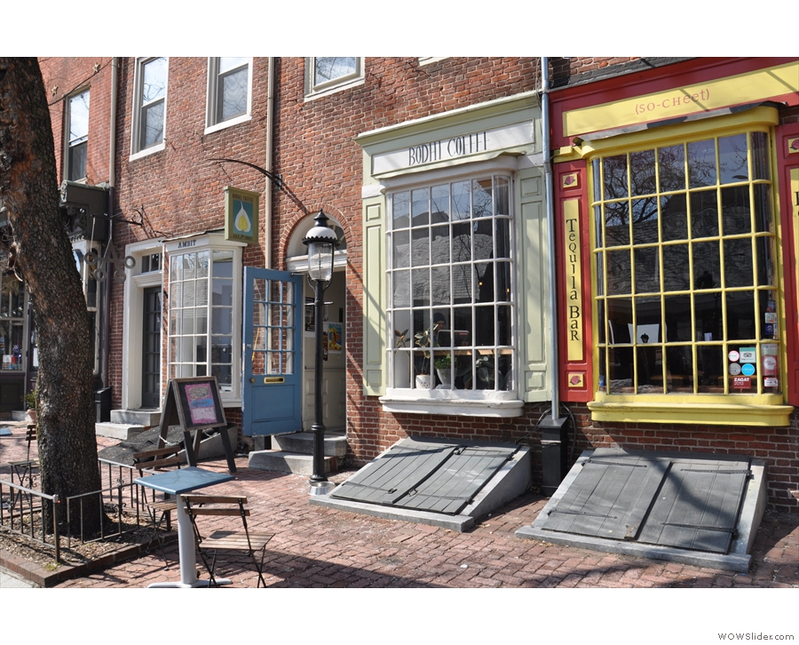 Bodhi Coffee's narrow storefront on Headhouse Square...