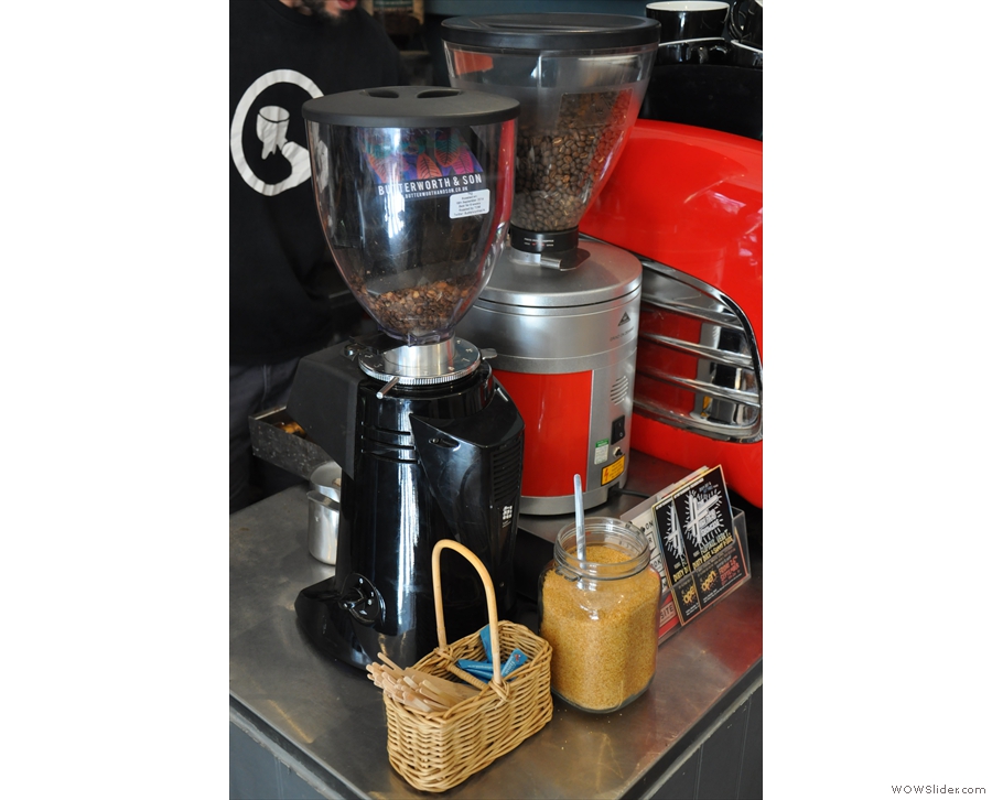 Two of the four espresso grinders (house-blend plus guest)...