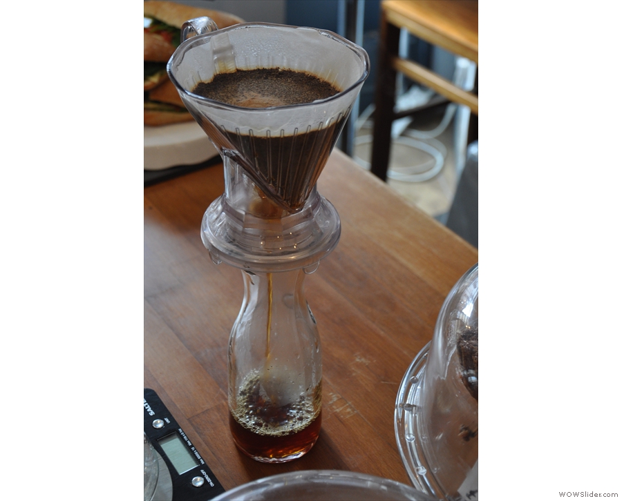 Once it's brewed, the Clever Dripper is placed on a carafe...