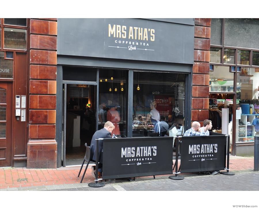 Mrs Atha's, with its outside seating area on the pedestrianised Central Road in Leeds.