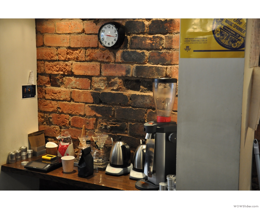 For such a small space, there's a lot going on: pour-over filter, for example...