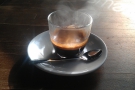 December: a steaming espresso in the morning sunlight in Brewsmiths, Birmingham