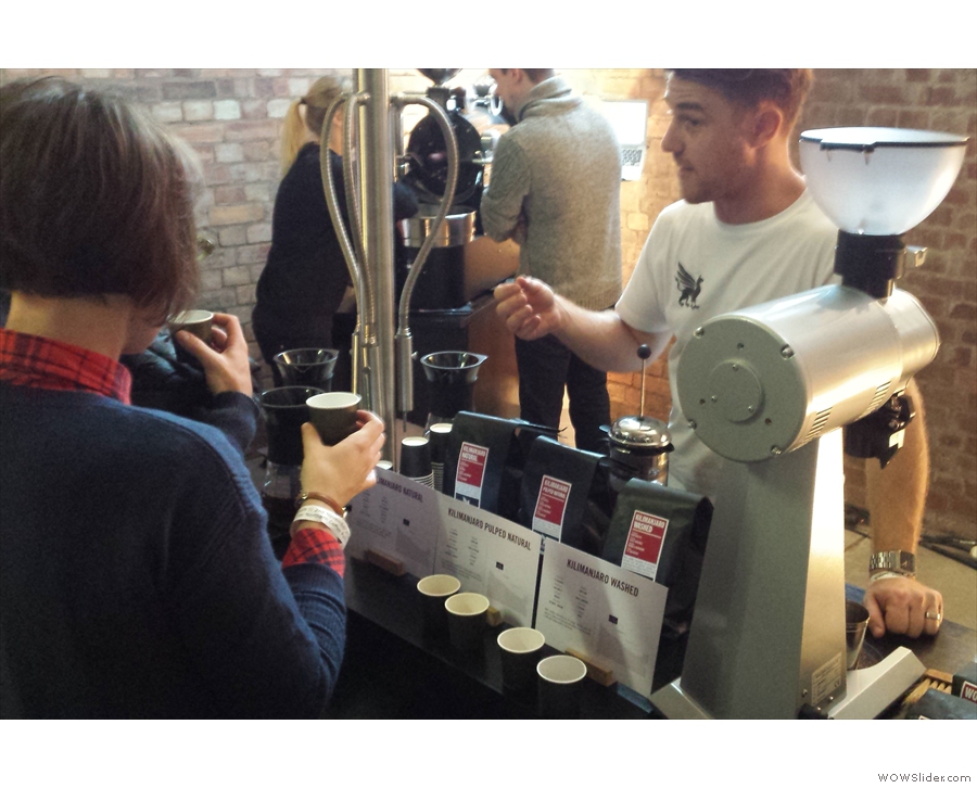 Across the aisle was Square Mile, doing live roasting and proving extremely popular.