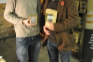 Back inside, this being a coffee festival, there was a lot of coffee swapping going on... Here Grumpy Mule exchanges gifts with J Atkinson...