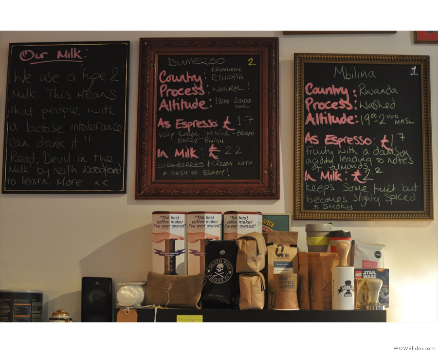 The beans are chalked up above the counter; somehow I only photographed the espressos.