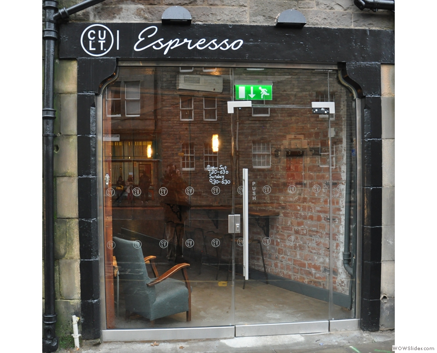 Cult Espresso on Buccleuch Street, tucked away between two tenement buildings.