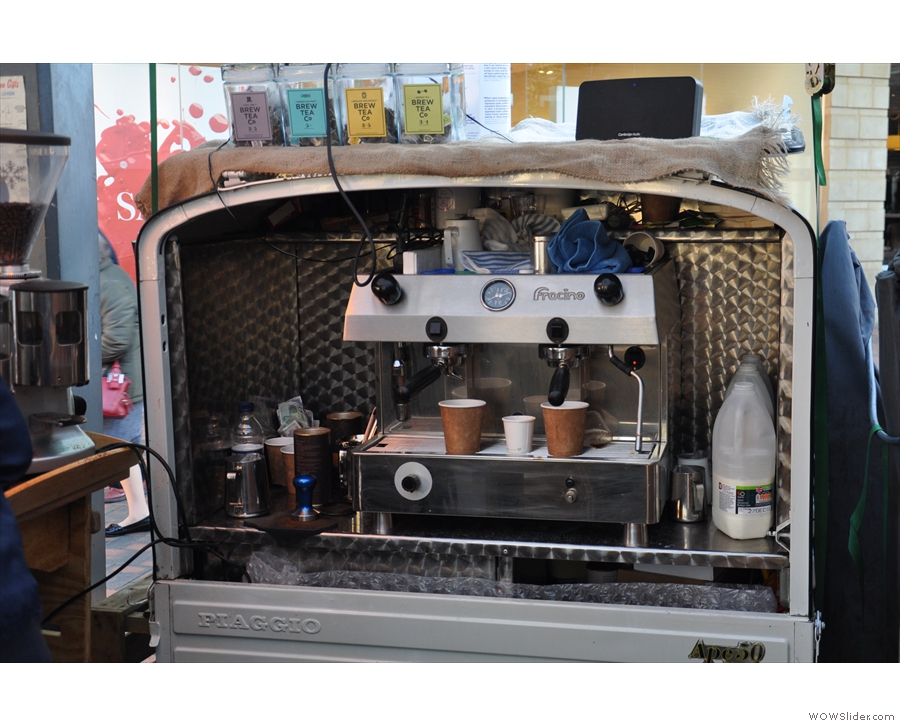... and a two-group espresso machine in the back of the Ape.