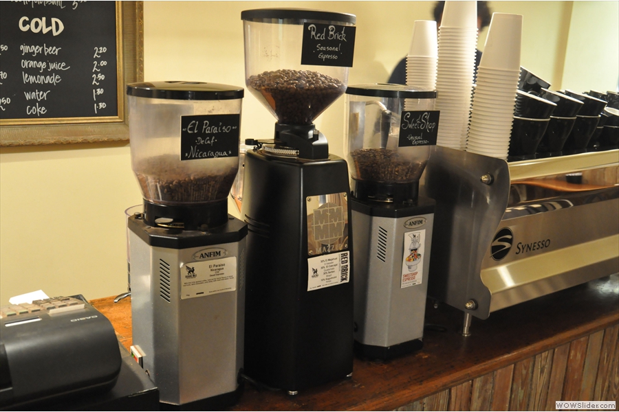 Back to the coffee making; here are the three grinders, each with its own label...