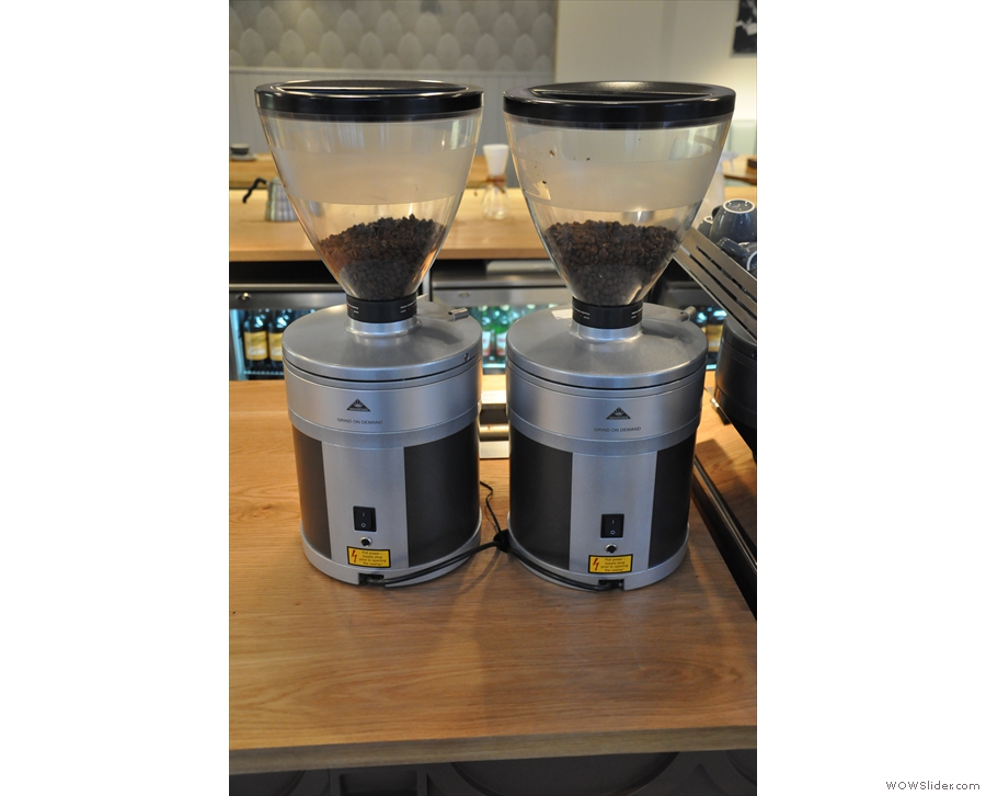 The two grinders: espresso blend and decaf.