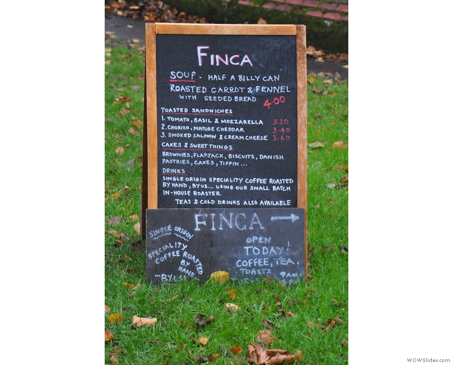 Finca attracts your attention before you even get there with this A-board across the road.
