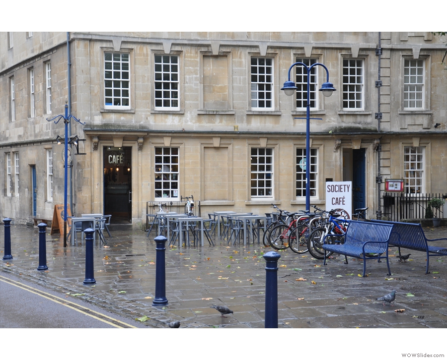 Bath's Society Cafe, occupying a large chunk of the building on the corner of Kingsmead Sq.