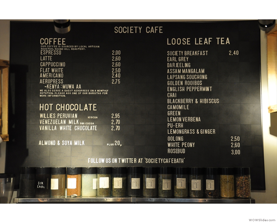 The coffee menu, with the impressive selection of tea.