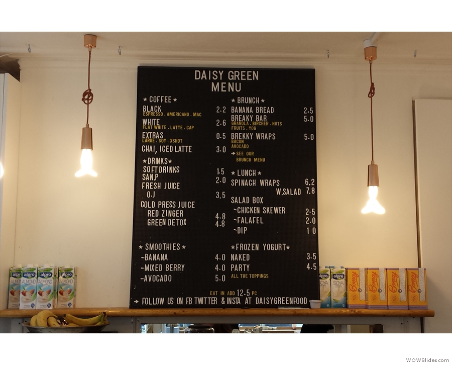 The menu, by the way, hangs above espresso machine on the back wall.