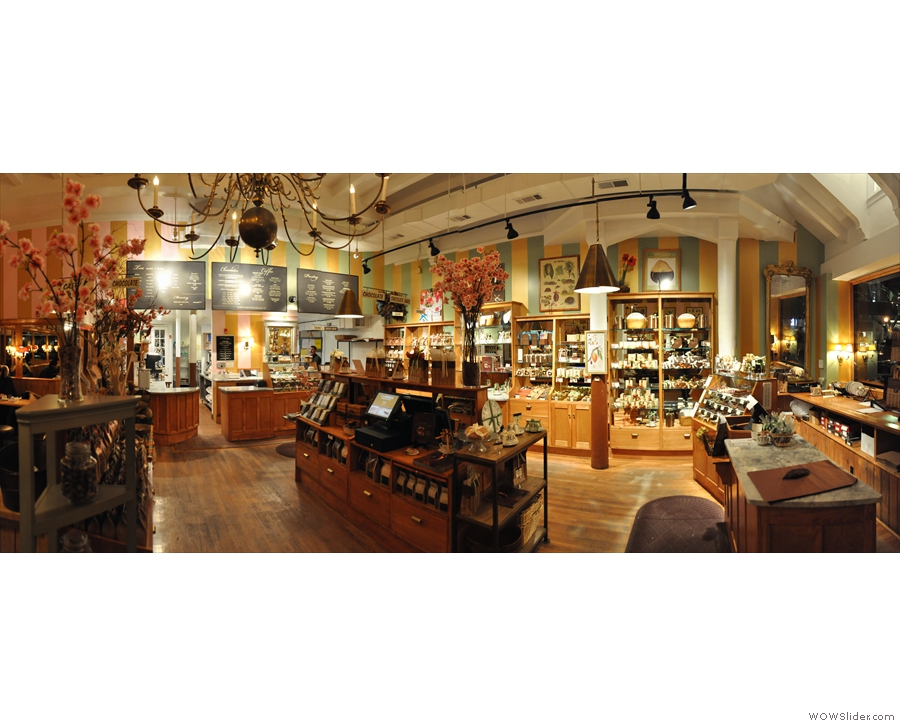 A panorama of the retail side of L.A. Burdick, as seen from just inside the door.