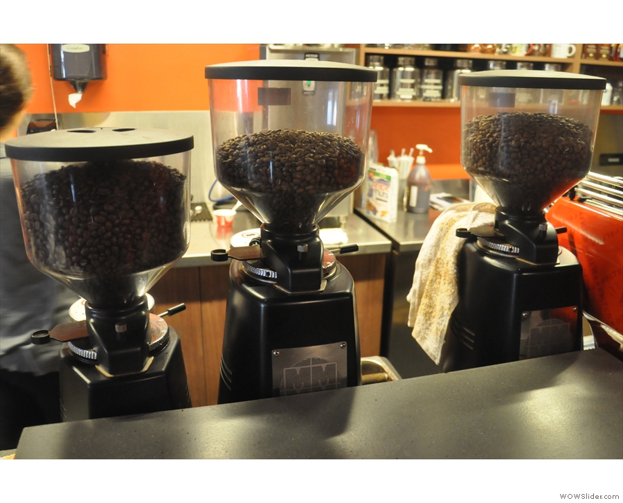 ... and its three grinders, house, guest (usually single-origin) and decaf.