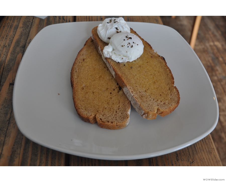 I leave you with my (normal-sized) poached eggs on (enormous slices of) toast.