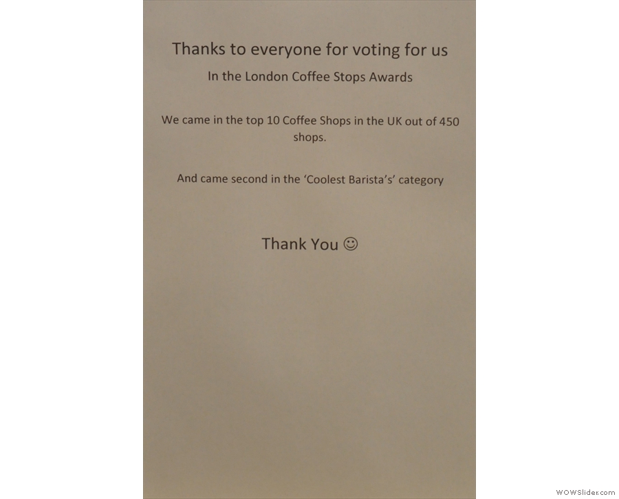 It forgets to mention that the Electric Coffee Company was also 3rd in the voting for Best Coffee Shop on Social Media. A good showing against stiff competition from the whole UK.