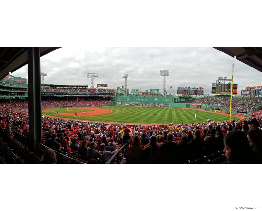 To the ball game: the view of Fenway Park from my seat in the grandstand.