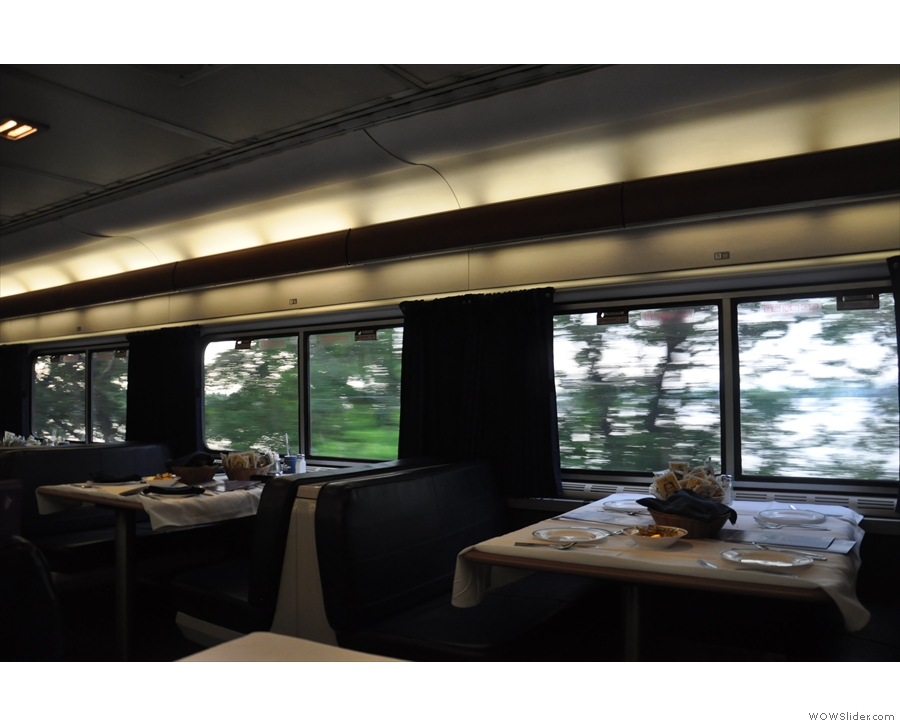 The dining car, set for dinner on the first evening.