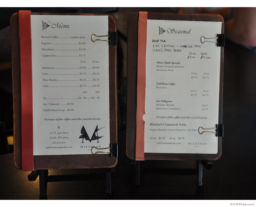 So, to business. The menus are paper, and propped up at the front of the counter.