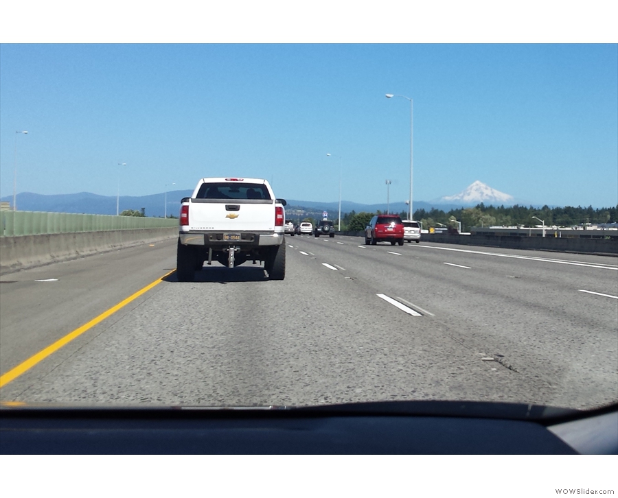 Driving out into the Columbia Gorge (in Marc's hire car) & a first view of Mt Hood.