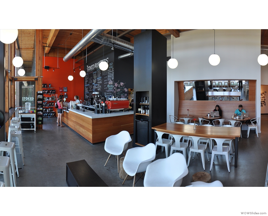 A panoramic view along the length of Stoked, looking from the roaster back to the door.