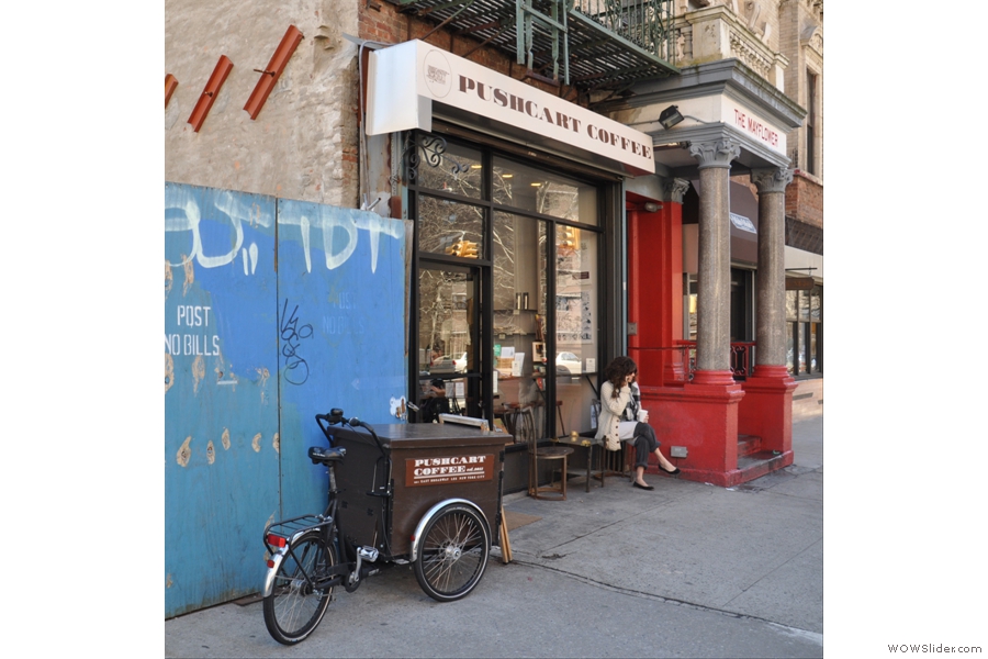 On the corner of Clinton and East Broadway, you'll find Pushcart Coffee, its location more than adequately sign-posted by the three-wheeled cart outside