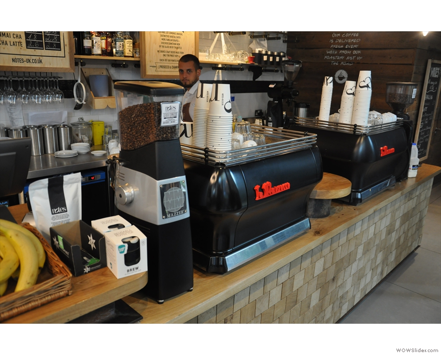 Coffee is from the twin espresso machines, each with its own grinder.