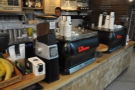Coffee is from the twin espresso machines, each with its own grinder.