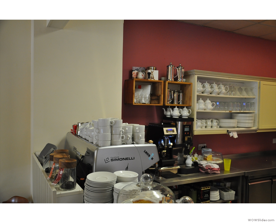 Meanwhile, behind the espresso machine, you'll find the cafetieres and teapots...