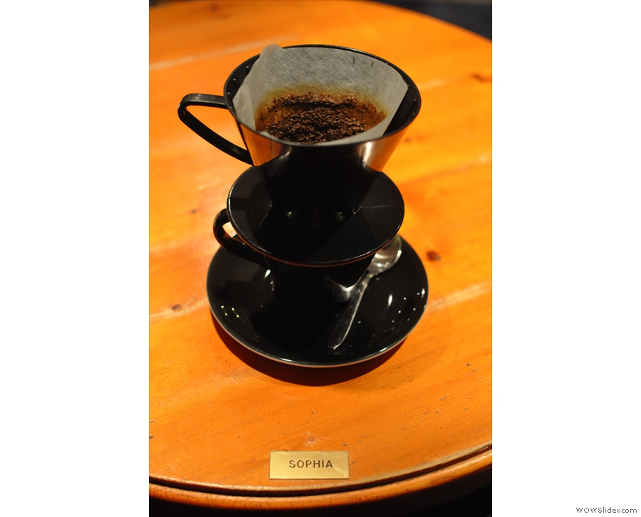 I went for the Finca Loma La Gloria as a V60 which was served at my table (Sophia) with the filter in place, another nice touch. However, black on black is hard to photograph well!