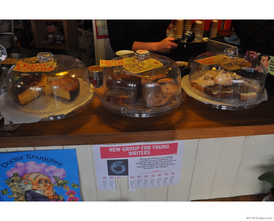There is quite an extensive selection of homemade cake on the counter...